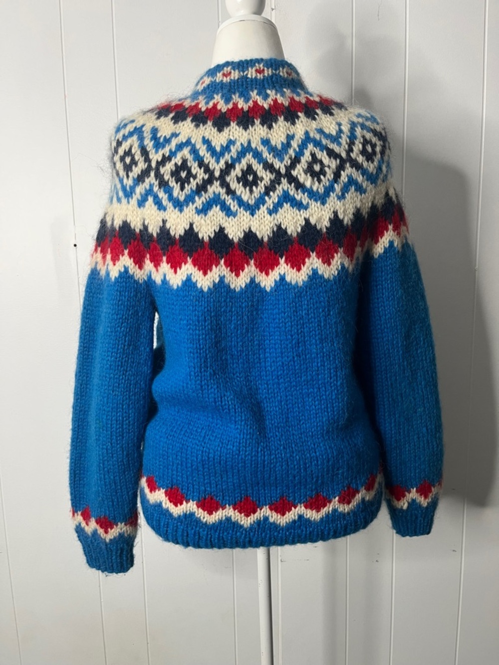 Icelandic 100% Wool Blue Fair Isle Women's Cardigan Sweater Chunky Knit Size L - Picture 5 of 7